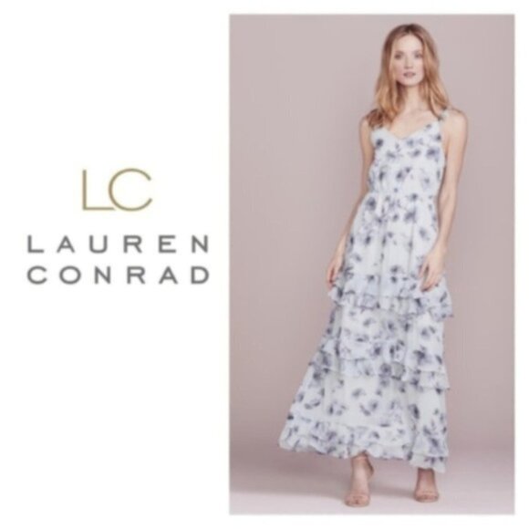 LC Lauren Conrad Womens Gray Blue Floral V Neck Sleeveless Maxi Dress Sz 4 New - Picture 2 of 10